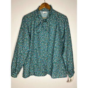 Vintage Nikki Women's Size 18 XL Teal Floral Neck Tie Button Made in USA NEW